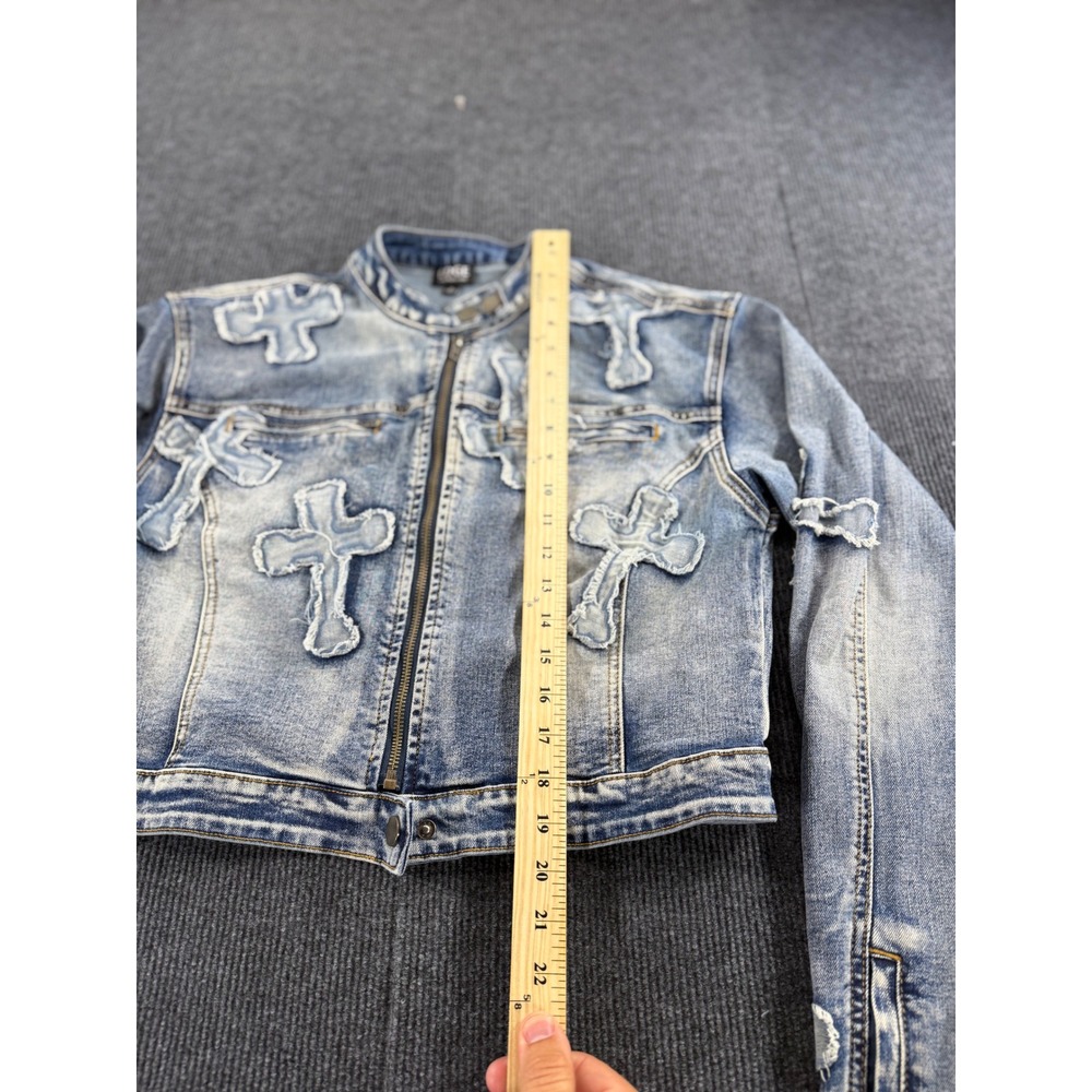 Edge by KS Womens Distressed Cross Patch Denim Jacket Blue LT60330B-K Medium - Picture 3 of 6
